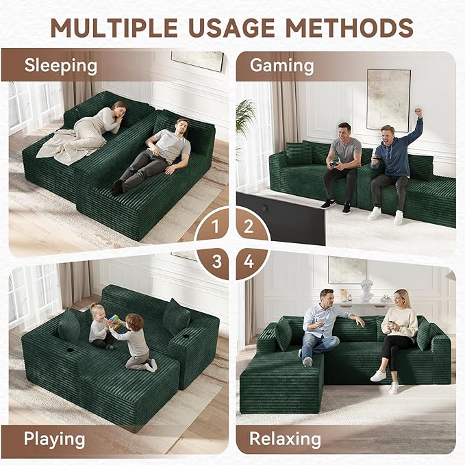 106" Cloud Couch Corduroy Modular Sectional Sofa L-Shape Boneless Couch with Wide Armrests and Cup Holders for Living Room Bedroom, No Assembly Required (Green)