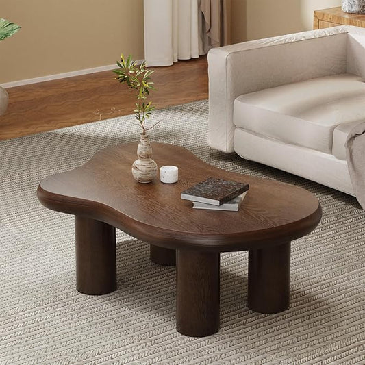 Cloud Coffee Table 46" Dark Brown Wood Coffee Table with 4 Sturdy Legs Mid-Century Modern Center Table Tea Table for Living Room Bedroom Office (Clouds Brown)