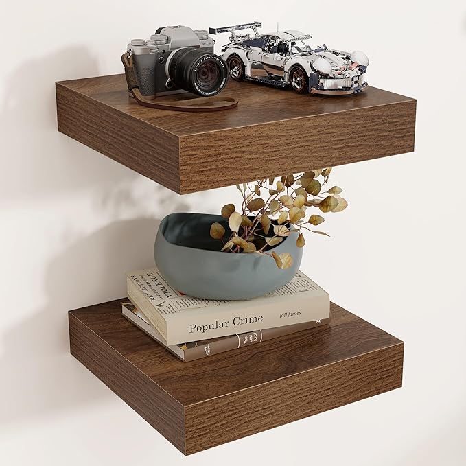 Square Floating Shelves for Wall, 12" W x 12" D x 2" H, 2 Pack, Small Wall Mounted Engineered Wood Shelves with Invisible Brackets for Living Room, Bedroom, Bathroom, Kitchen Decor, Walnut