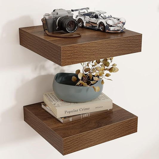 Square Floating Shelves for Wall, 12" W x 12" D x 2" H, 2 Pack, Small Wall Mounted Engineered Wood Shelves with Invisible Brackets for Living Room, Bedroom, Bathroom, Kitchen Decor, Walnut