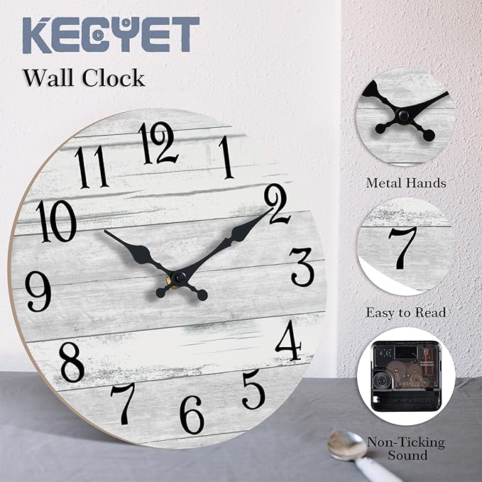 Wall Clock Battery Operated 14 Inch Large Gray Silent Non Ticking Country Rustic Design Vintage Retro Decorative for Bathroom Kitchen Bedroom