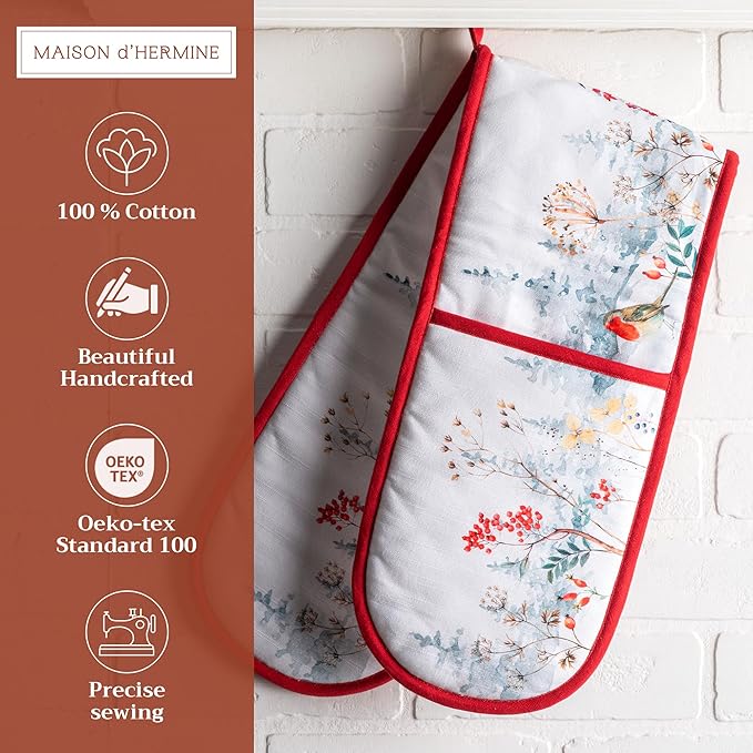 Maison d' Hermine Double Oven Mitt (7" x 35") 100% Cotton Heat Resistant BBQ Cooking Gloves with Loop for Thanksgiving Christmas Decorations Baking Cooking Barbeque Handling Hot Pan (Morzine)