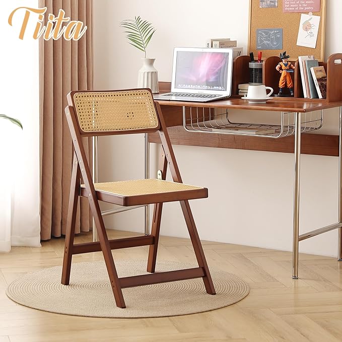 Tiita Rattan Dining Chairs Set of 2, Mid Century Modern Folding Chair, Bamboo Folding Dining Chairs for Small Space, Dining Room, Living Room, Bedroom, Walnut