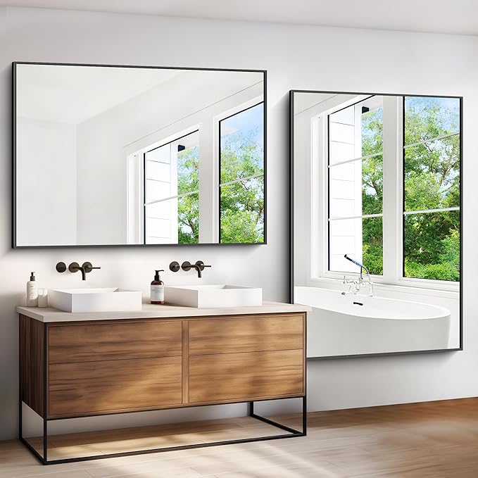 BONEWEI Bathroom Mirror,60x40 inch Bathroom Mirrors for Over Sink,Large Wall Mirror for Bathroom Wall Mounted Rectangle Mirrors,Black Vanity Mirror for Living Room,Bedroom Entryway,Horizontal/Vertical