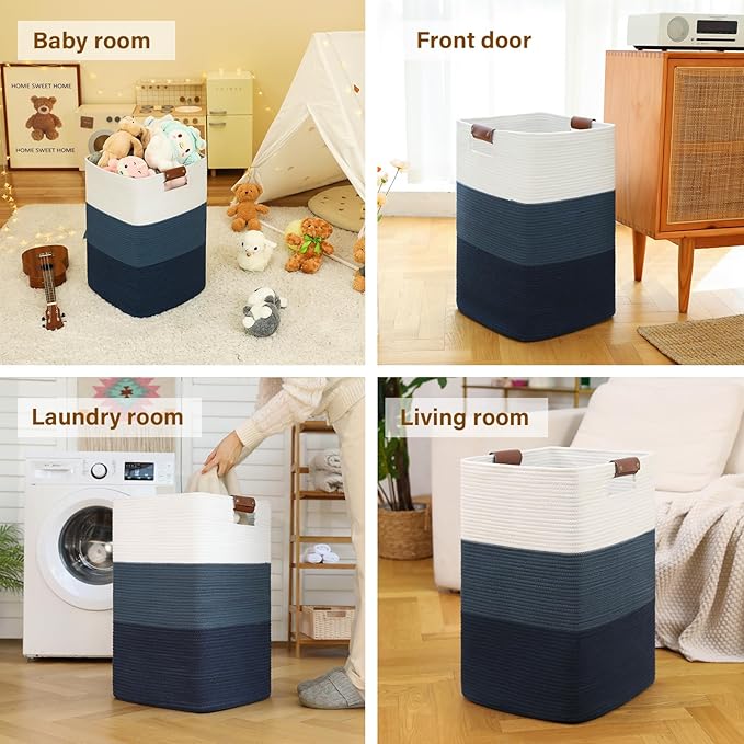Laundry Hamper 96L Extra Large Laundry Basket, Woven Blanket Basket, Cotton Woven Storage Hamper with Handles for Living Room, Large Baskets for Pillows, Blankets, Clothes-Gradient Blue