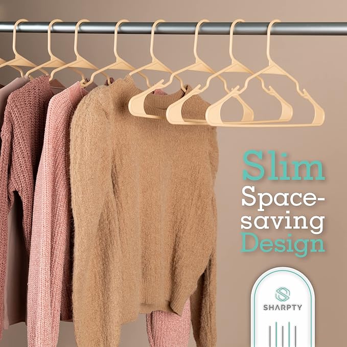 Sharpty Plastic Hangers Clothes Hangers for Clothing, Closet, Coats & Shirts - Notched, Durable, Thick, Tough & Space Saving - for Everyday Standard Use, Room Essentials & Basics - 20 Pack - Beige