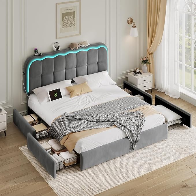 Queen Size Bed Frame with 4 Storage Drawers and LED, Adjustable Clouds Headborad, Velvet Upholstered Platform Queen Bed Frame with Charing Station, Wood Slats Support, No Box Spring Needed,Grey
