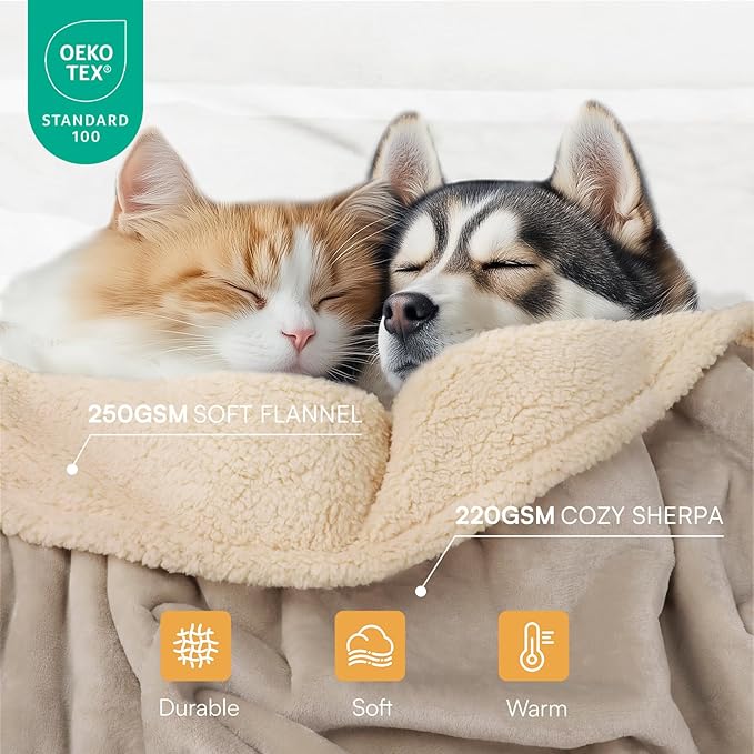 Waterproof Pet Blanket, Liquid Pee Proof Dog Blanket for Sofa Bed Couch, Reversible Sherpa Fleece Furniture Protector Cover for Small Medium Large Dogs Cats, Grey Beige X-Large（85" x 57"）