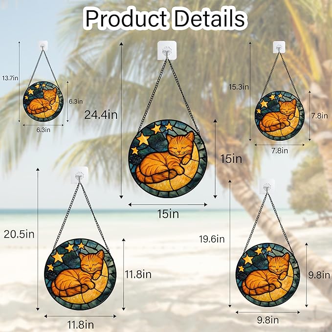 Stained Glass Window Hanging - Orange Cat Sun Catcher for Door Home Decor Stars and Moon Suncatcher Christmas Mother's Day Birthday Loss of a Pet Gifts for Women Men Mom Nana 6.3 in