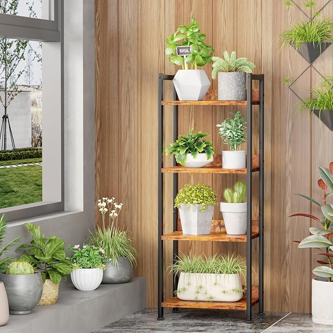 Furologee 4 Tier Bookshelf with Drawer, Tall Bookcase with Shelves, Narrow Bookshelves Storage Organizer, Wood and Metal Display Standing Shelf Unit for Bedroom, Living Room, Rustic Brown