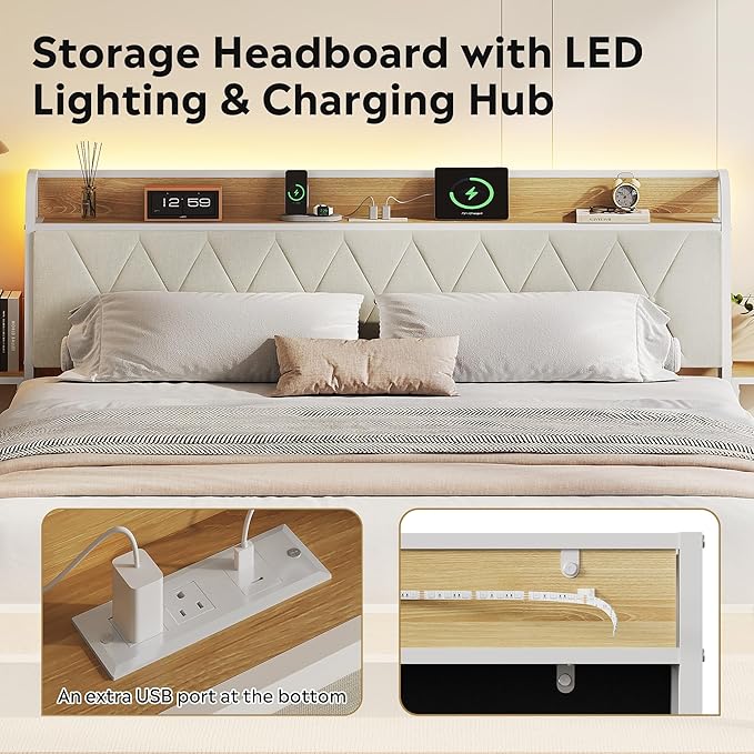 WLIVE King Size Upholstered Bed Frame with 2 Side Shelves, Linen Tufted Storage Headboard with Charging Ports and LED Light, Metal Solid and Stable, No Box Spring Needed, Easy Assembly, Beige