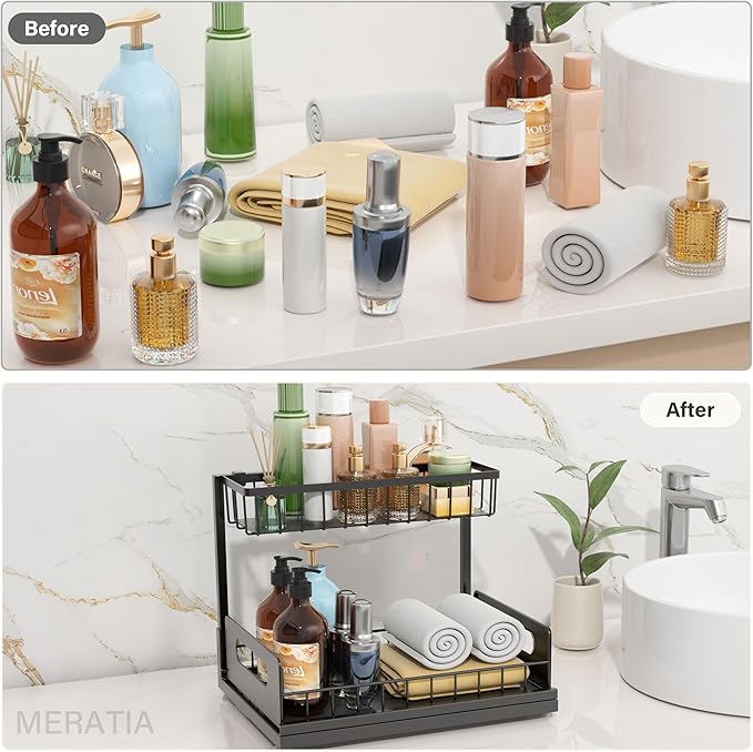 Under Sink Organizer, 2 Tier Pull Out Cabinet Organizer,Slide out Metal Cabinet Organizers Multi-Purpose Drawer Shelf for Kitchen Bathroom Pantry Cabinet Closet Organization Rack,Black