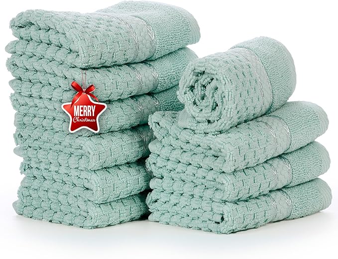 Ample Decor Mint Green Wash Cloth Set of 10 100% Cotton - Quick Dry, Highly Absorbent, Popcorn Textured - Mulaayam Collection - 12 X 12 Inch