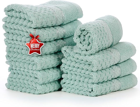 Ample Decor Mint Green Wash Cloth Set of 10 100% Cotton - Quick Dry, Highly Absorbent, Popcorn Textured - Mulaayam Collection - 12 X 12 Inch