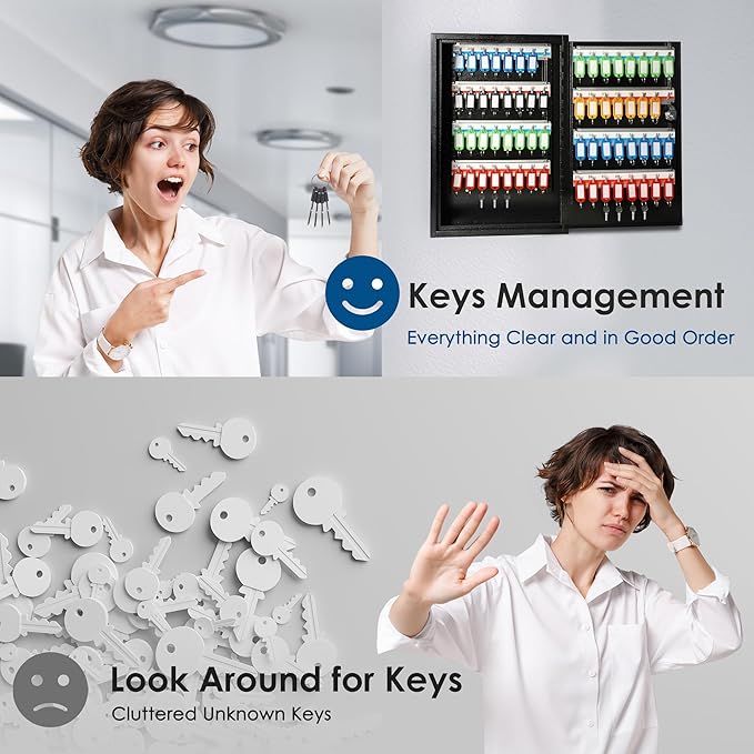 ORIENTOOLS Key Box Steel Key Safe Cabinet, Wall Mount Key Holder Lock Box with Key Tags, Key Organizer Ideal for Home, Hotels, Valets and Office Key Storage (64 Keys, Black)