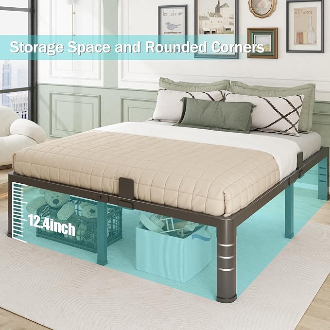 14 Inch California King Bed Frame with Rounded Corner and Headboard Hole Mattress Retainers 3500 lbs Heavy Duty Support Metal Platform Bed Frame Noise Free No Box Spring Needed Easy Assembly