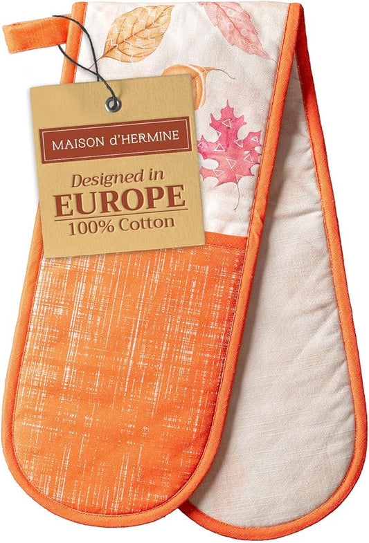 Maison d' Hermine Double Oven Mitt (7" x 35") 100% Cotton Heat Resistant BBQ Cooking Gloves with Loop for Thanksgiving Christmas Decorations Baking Cooking Handling Hot Pan (Colours of Autumn)