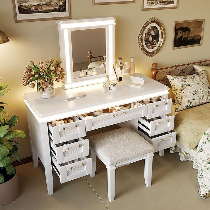 Merax 48" Vanity Desk with Mirror and Lights, Makeup Vanity with 7 Drawers and Cushioned Stool, Classic Finish Dressing Table with Hollow Design Drawer for Bedroom, Rubber Wood Legs, Light-Beige