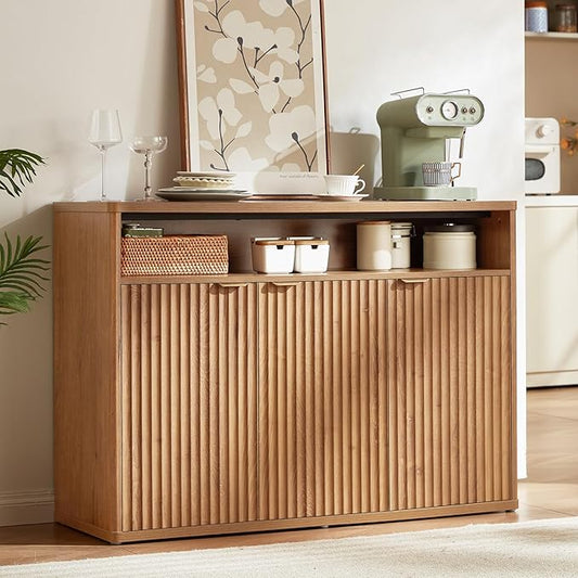 LEYAOYAO Fluted Buffet Cabinet with Storage, 45" Wide Modern Sideboard Credenza with 3 Doors & Open Storage Shelf, Wood Kitchen Console Accent Cabinets, Coffee Bar Table for Dining Room, Tea Brown