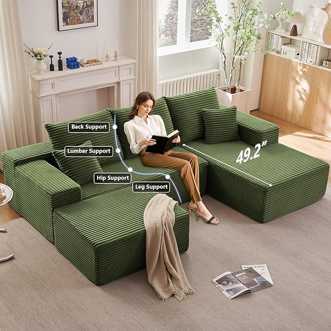 107" U-Shape Cloud Couch, Modern Modular Sectional Comfy L-Shape Sofa with Ottoman, Deep Seat, Upholstered Corduroy Sleeper Chaise Longue for Living Room Bedroom, No Assembly Required, Green