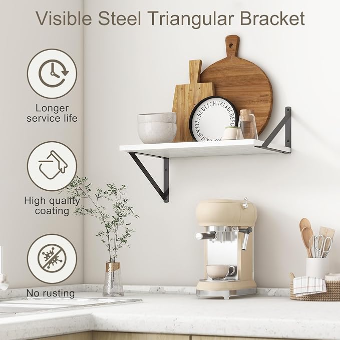 Fun Memories White Floating Shelves 18 Inch Long, Rustic Floating Shelf with Brackets, 12 Inch Deep Wall Shelves, White Bathroom Shelves, 18 x 12 Storage Shelf for Kitchen, Living Room, Set of 2