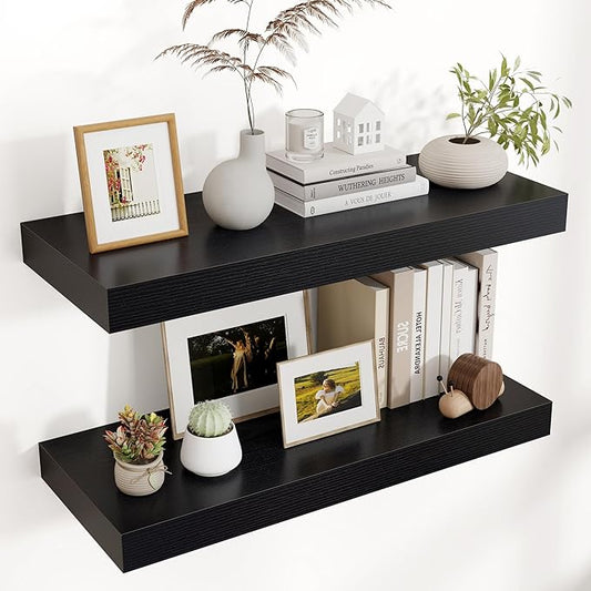 Floating Shelves for Wall, 30" W x 12" D x 2" H, 2 Pack of Long Wall Mounted Engineered Wood Shelves with Invisible Brackets for Living Room, Bedroom, Bathroom, Kitchen Decor, Black
