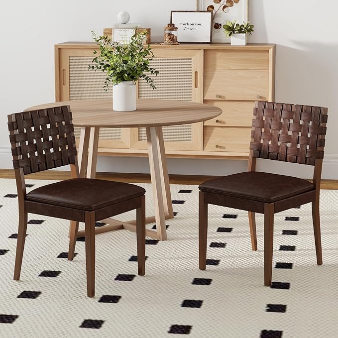 Woven Faux Leather Dining Chairs Set of 2, Farmhouse Upholstered Kitchen Chairs with Wooden Legs Armless Accent Side Chairs for Dining Room/Restaurant, Brown