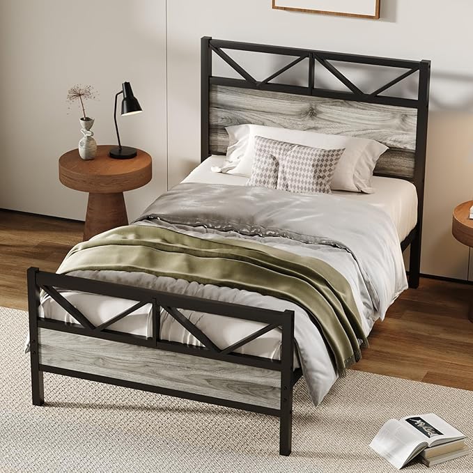 Twin Size Bed Frame with 51.2" Tall Headboard and Footboard, Platform Bed Frame with Metal Support, Solid and Stable, Noise Free, No Box Spring Needed, Wash Grey