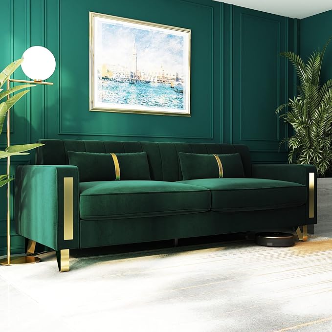 Couch 85.62" 3 Seats Sectional Velvet Fabric Sofa Easy Assemble Sofa Bed with 2 Couch Pillows,Gold Metal Legs for Living Room (P17, Green)