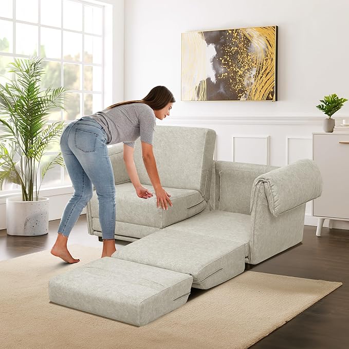 FHFO Loveseat Sleeper Sofa, Convertible Couch Bed Loveset Small Couchs for Small Spaces, 3 in 1 Pull Out Sofa Bed Modern 65" Comfy Futon Sofa Bed Queen for Living Room, Bedroom, Apartment (Beige)