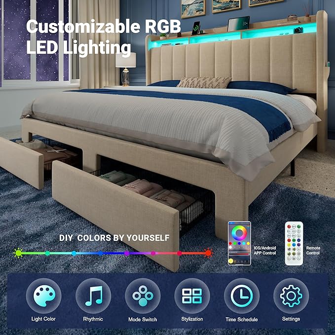 Allewie Vertical Tufted King Size Upholstered Platform Bed Frame with 2-Tier LED Storage Headboard & 2 Storage Drawers, USB & Type-C Charging Ports, Noise-Free/No Box Spring Needed, Beige