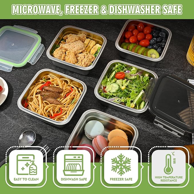 2 Pack 24oz Stainless Steel Sandwich Containers with Airtight Leak-Proof Lids, Reusable Metal Lunch Boxes for Meal Prep, Bento, Snack, Travel & Family, BPA-Free Dishwasher Safe (Green, Black)
