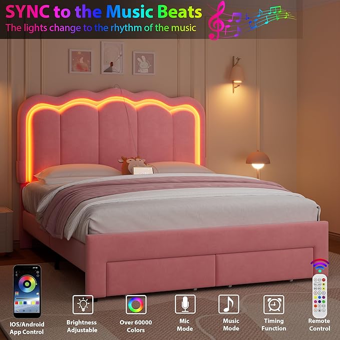 Queen Upholstered LED Bed Frame with 2 Storage Drawers and Adjustable Chic Double Wavy Headboard, Velvet Princess Platform Bed with Charing Station, Solid Wood Slats Support,No Box Spring Needed, Pink