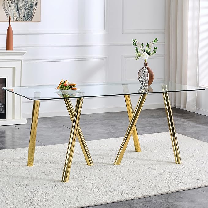 LKTART 71" Rectangular Dining Table for 6-8, Gold Dining Table with Tempered Glass Tabletop & Metal Legs, Large Glass Dinner Table for Home Kitchen