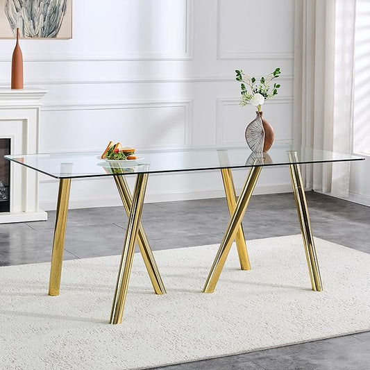 LKTART 71" Rectangular Dining Table for 6-8, Gold Dining Table with Tempered Glass Tabletop & Metal Legs, Large Glass Dinner Table for Home Kitchen