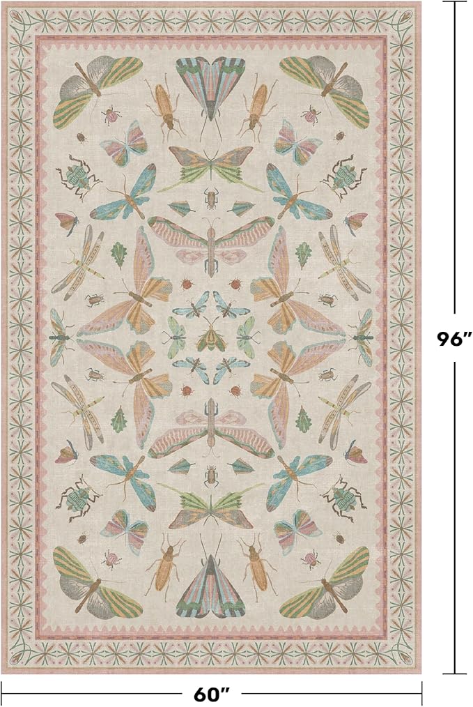 Washable 5x8 Light Pink Rug for Bedroom - Pink Boho Girl Nursery Rug, Living Room, Nature Insect Bug Print Home Decor
