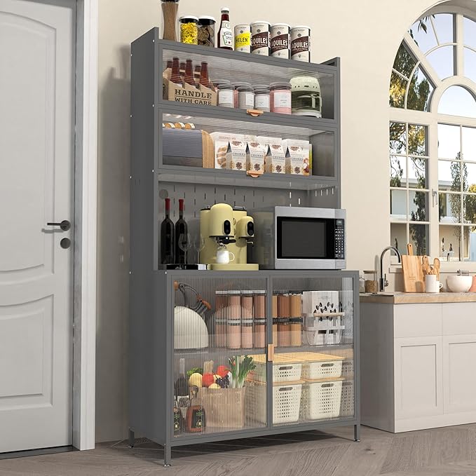 73'' Tall Kitchen Pantry Cabinet, 6 Level Flip Door with Pegboard Metal Pantry Storage Cabinet, Anti-Tip Design Hutch for Kitchen, Dining Room, Living Room,Grey