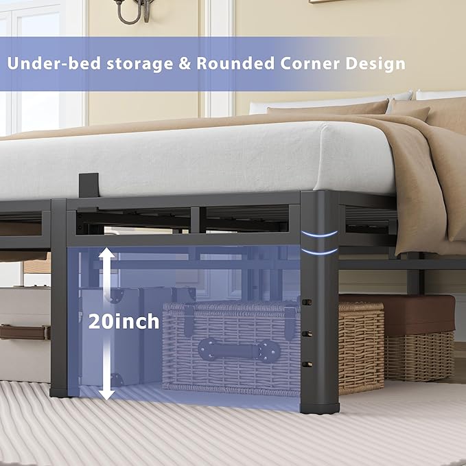 NKZ 24 Inch Full Size Bed Frame, Metal Bed Frame & Box Spring 2 in 1 Platform with Round Corner Legs, 4000Lbs Heavy Duty Metal Frame, Mattress Slide Stopper, Headboard Hole, Noise-Free, Easy Assembly