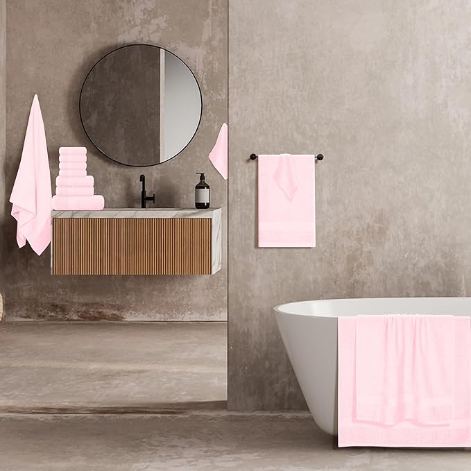 BOUTIQUO 24 Pack Cotton Towel Set, Contains 6 Bath Towels 27x54 inch, 6 Hand Towels 16x24 inch & 12 Wash Coths 12x12 inch, Ideal Everyday use, Ultra Soft Compact & Lightweight - Pink