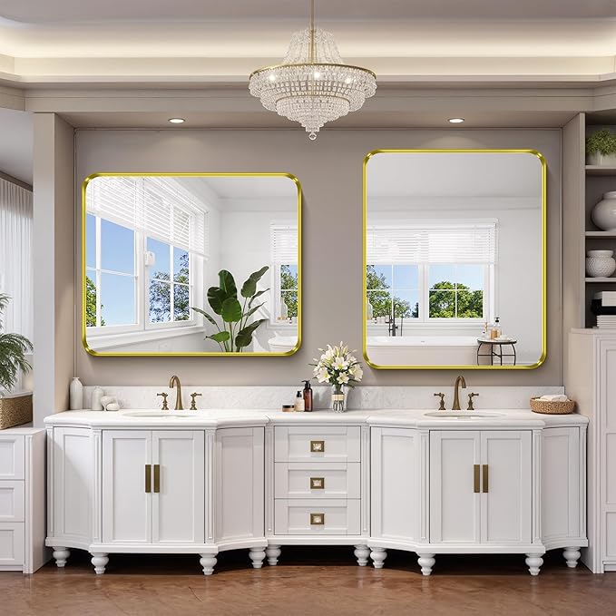 FORBATH 48x40 Inch Bathroom Mirror, Brushed Gold Deep Frame Wall Mirror with Rounded Corners, Anti-Rust Tempered Glass for Modern Farmhouse Vanity (Horizontal/Vertical)