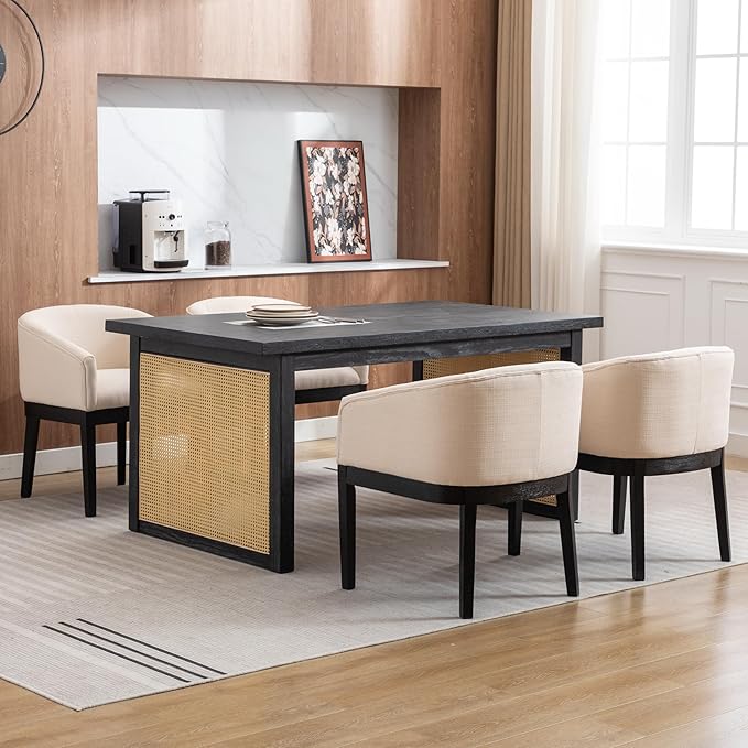 Beige Dining Chairs Set of 4 Mid-Century Modern Dining Chair Linen Upholstered Kitchen Dining Room Chairs, Curved Backrest Dining Chairs with Black Wood Legs