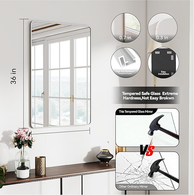 24x36 Mirror Rectangle Full Length Wall Mounted Hanging or Against Wall Metal Frame Dressing Make-up Mirrors for Entryway Bedroom Bathroom Living Room 24 36 36x24 inch Silver