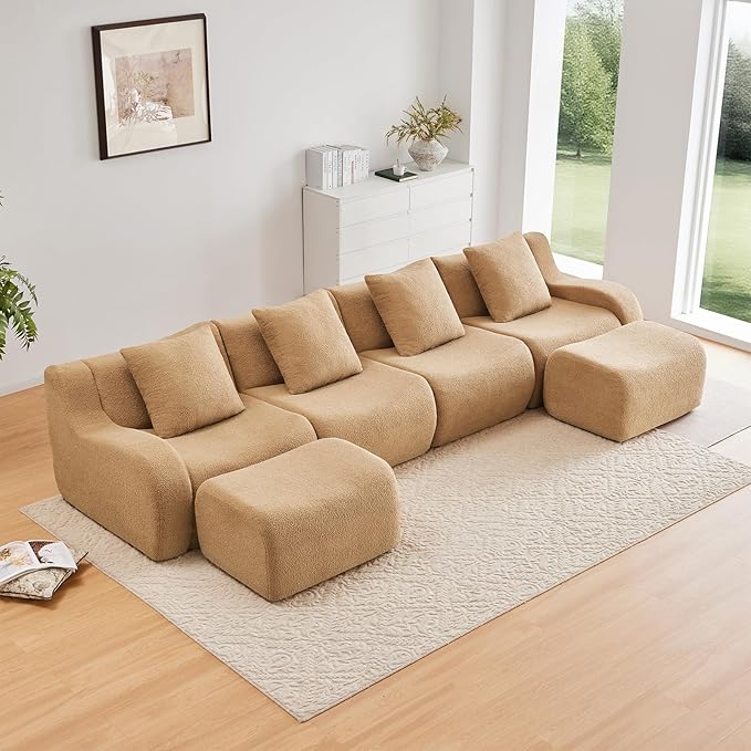 Camel U-Shaped Cloud Couch with 2 Ottomans, Modern Teddy Fabric Boneless Sectional Sofa in a Box for Living Room, Modular Floor Couch, Deep Seat, No Assembly Required, Sofas para Sala
