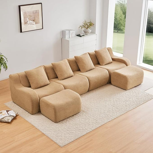 Camel U-Shaped Cloud Couch with 2 Ottomans, Modern Teddy Fabric Boneless Sectional Sofa in a Box for Living Room, Modular Floor Couch, Deep Seat, No Assembly Required, Sofas para Sala