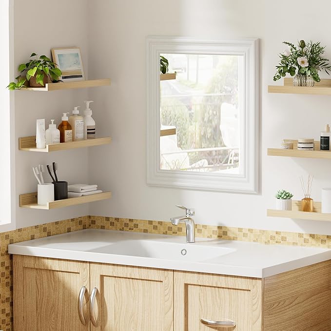 upsimples Floating Shelves for Wall, Wall Shelves for Decor Storage Set of 6, Wall Mounted Wood Shelf for Bedroom, Living Room, Bathroom, Kitchen, Picture Ledge Shelves, Natural