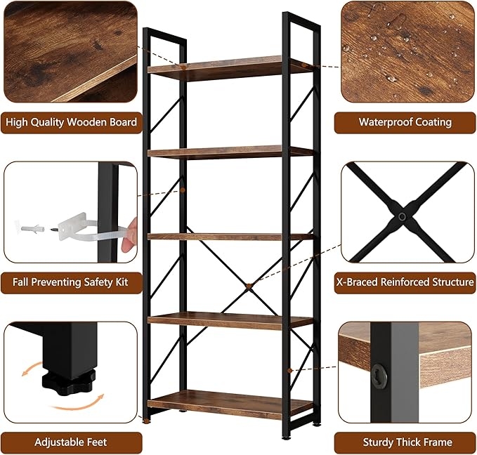 Shintenchi 5 Tiers Bookshelf, Classically Tall Bookcase Shelf, Industrial Book Rack, Modern Book Holder in Bedroom/Living Room/Home/Office, Storage Rack Shelves for Book, Brown