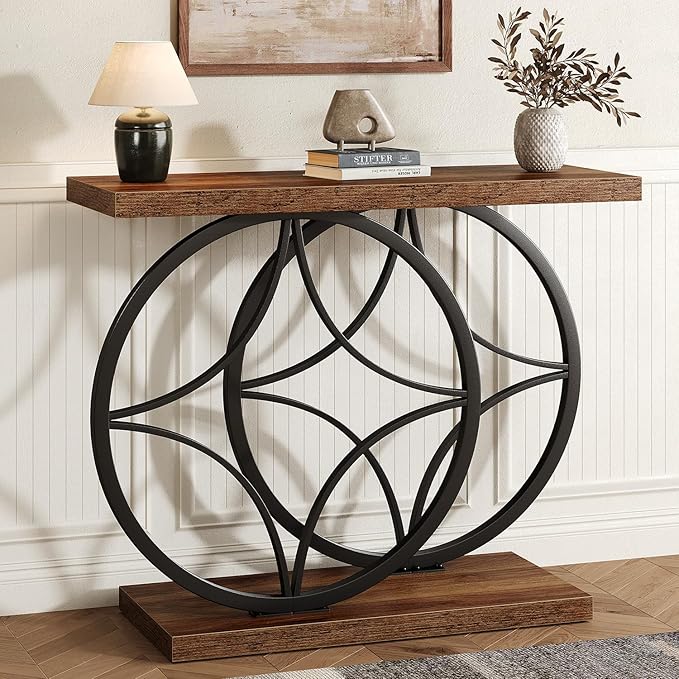 39.4" Console Table, Industrial Entryway Table with Anti-Tilt Design, Narrow Wood Accent Sofa Table Behind Couch with Double Circle Base for Entryway, Living Room, Hallway, Foyer