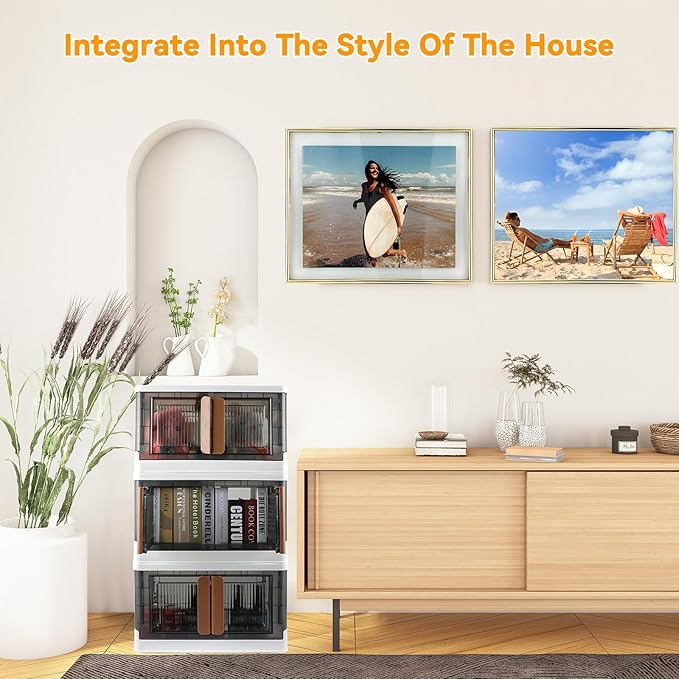 Storage Bins, Plastic Cabinet, 8.4 Gallon Capacity (32L Per One), 4 Pack, Stackable Collapsible Drawer, with Door and Buckle, Organizer for Home and Office, Transparent