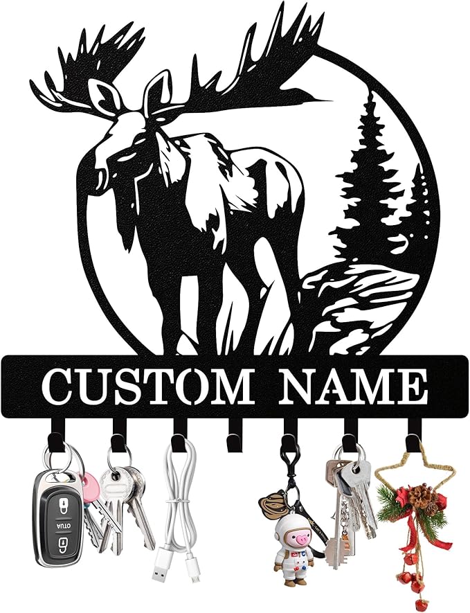 Personalized Deer Key Holder Wall Mount, Custom Metal Keys Hanger for Wall with Name, Custom Key Rack Holder with Hooks for Entryway, Front Door, Hallway, Living Room, Kitchen