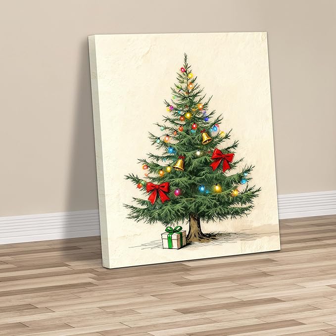 Framed Christmas Pictures Wall Decor,Vintage Pine Tree Prints,Winter Christmas Canvas Wall Art Decoration for Bedroom Bathroom Living Room Rustic Xmas Holiday Gifts (Christmas Tree 9, 12'' X 16'')